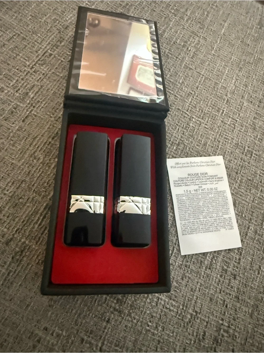 NEW Dior Rouge Dior 999 Mini Lipstick Set Velvet & Satin 2-Piece w/ Mirror Box
